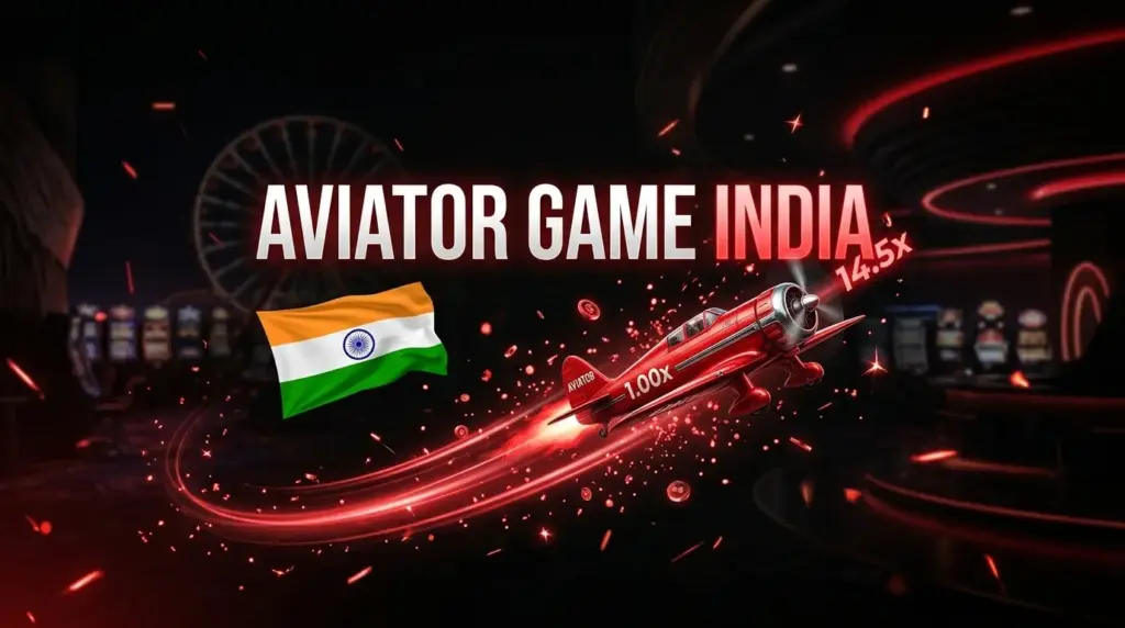 Red biplane flying with light trails and sparks in a casino, Indian flag, multipliers 1.00x and 14.5x, text 'AVIATOR GAME INDIA