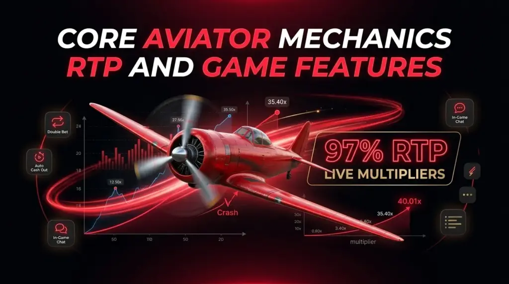 Red airplane with graphs, multipliers and game stats, text 'CORE AVIATOR MECHANICS RTP AND GAME FEATURES' and '97% RTP'